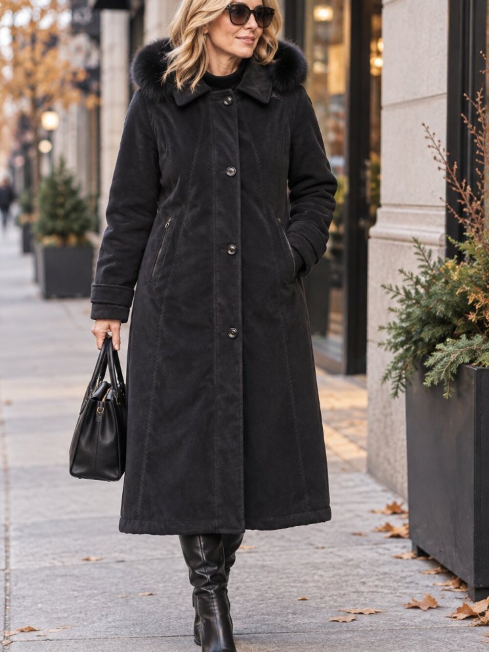 Sequence Black Long Faux Suede Coat Size 10 Faux Fur Hood